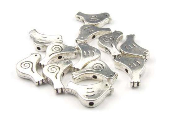 Metallperlen, Vogel, versilbert, 8x15mm