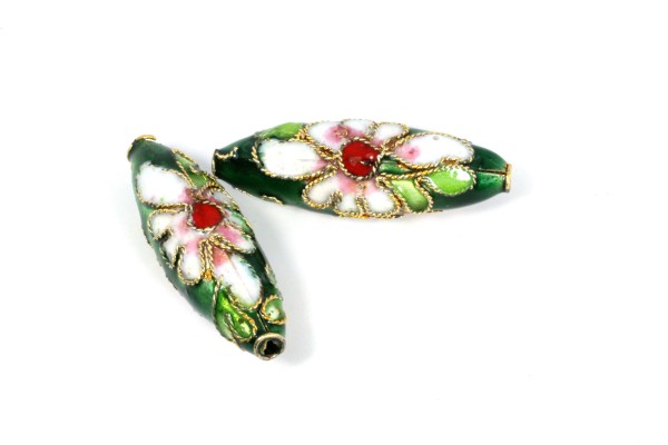 Cloisonneperlen, Oliven, Grün mit Muster, 27x9mm