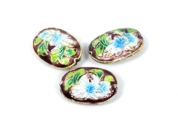 Cloisonneperlen, Oval, Aubergine mit Muster, 20x14x7mm
