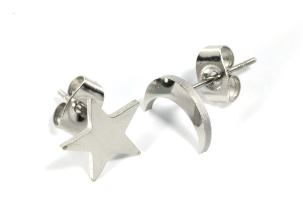 Ohrstecker, Edelstahl, Mond und Stern, 10mm