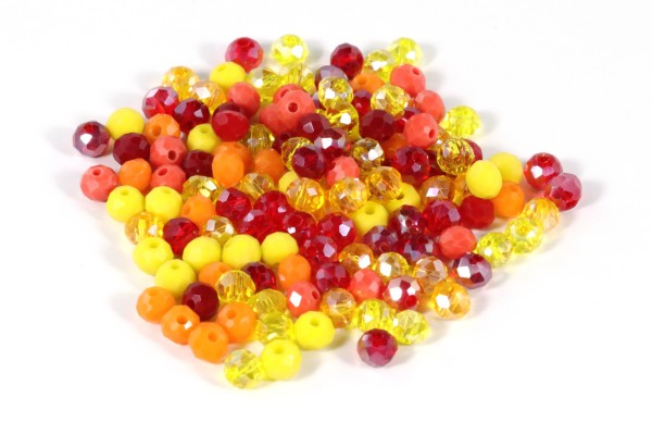 Glasperlen, facettiert, Rondelle, Rot/Gelb/Orange-Mix, 125 Stück