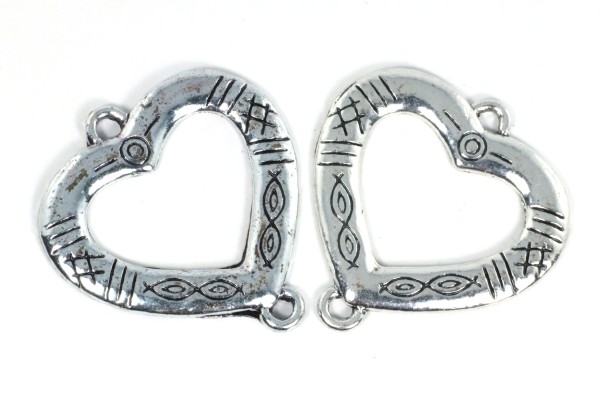 Anhänger, Verbindungsteil, Herz mit Verzierung, Nickelfarben, 32x30mm