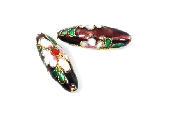 Cloisonneperlen, Oliven, Aubergine mit Muster, 27x9mm