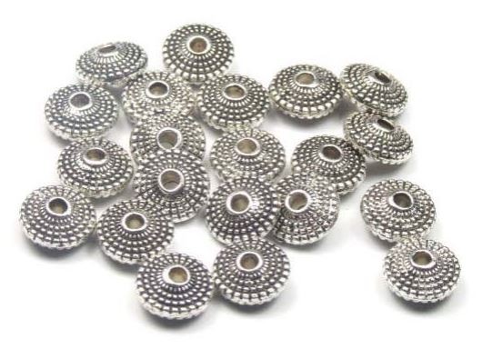 Metallperlen, Linsen, verziert, versilbert, 8mm