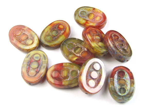 Glasperlen, böhmisch, oval, Bunt mit Steinoptik, 18 x 12mm