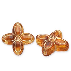 Acrylperlen, Blume, Goldfarben verziert, Cognac Brown - Goldfarben, 17mm