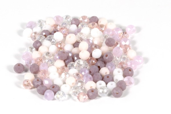 Glasperlen, facettiert, Rondelle, Weiß/Rosa/Lila-Töne, 125 Stück