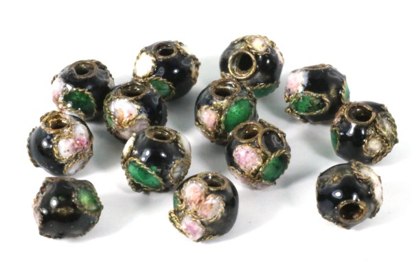 Cloisonne Kugel, rund, Schwarz mit Muster, ca. 6mm
