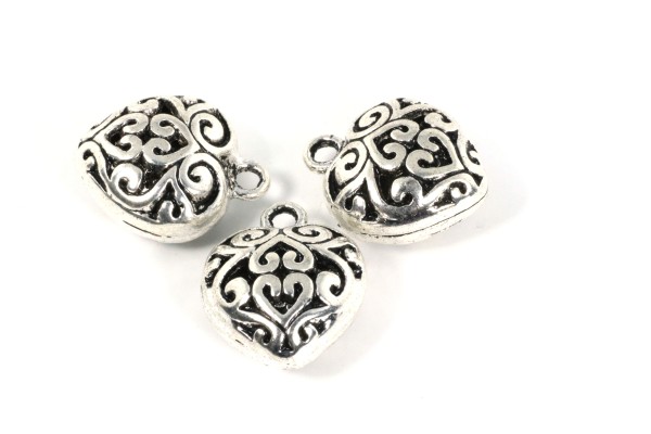 Anhänger, Herz mit Verzierung, filigran, Antik Silberfarben, 16x13mm