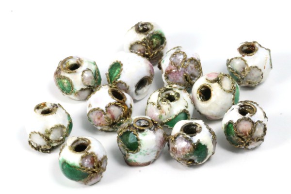 Cloisonne Perle, rund, Weiß mit Muster, ca. 6mm