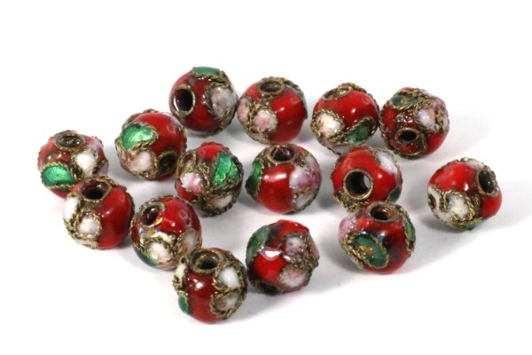 Cloisonne Kugel, rund, Rot mit Muster, ca. 6mm