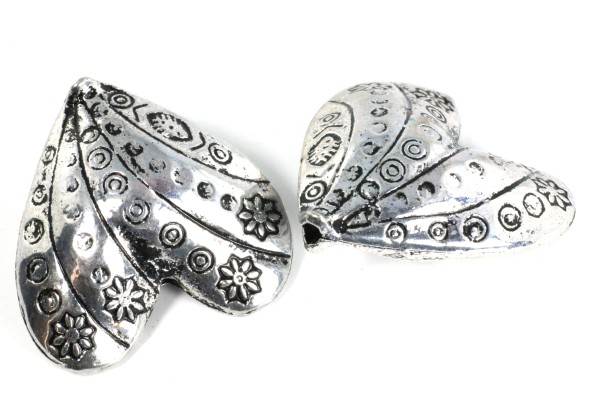 Metallperle, Herz, verziert, Antik Silberfarben, 30x23mm