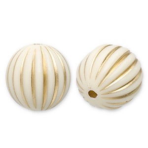 Acrylperlen, Kugel, verziert, gerillt, Off White - Goldfarben, 16mm