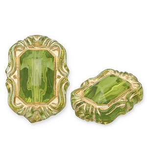 Acrylperlen, Rechteck, verziert, Olivgrün-Goldfarben, 18x13.5mm