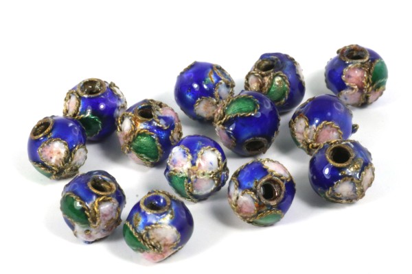 Cloisonne Kugel, rund, Blau mit Muster, ca. 6mm