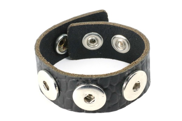 Lederarmband für 3 Druckknöpfe, geprägt, Schwarz, 23cm