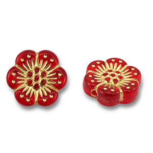 Acrylperlen, Blume verziert, Rot - Goldfarben, 12x13mm
