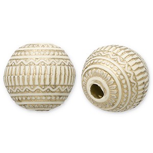 Acrylperlen, rund, verziert, Off White - Goldfarben, 17.5x19mm