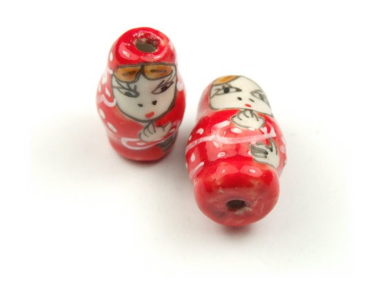 Porzellanperlen, Matroschka, Rot, 26x15mm