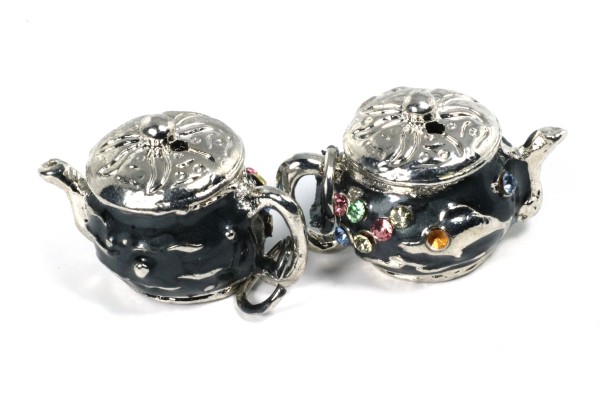 Anhänger, Teekanne mit Strasssteinchen, Schwarz, 25x15mm