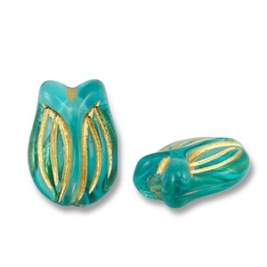 Acrylperlen, Tulpe verziert, Teal Blue- Goldfarben, 16.5x11.5mm