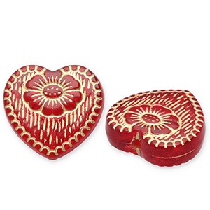 Perlen aus Acryl, Herzen, verziert, Rot - Goldfarben, 16.5x18mm