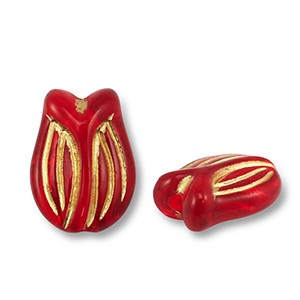 Acrylperlen, Tulpe verziert, Rot - Goldfarben, 16.5x11.5mm