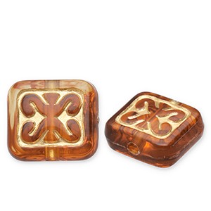 Acrylperlen, Rechteck, verziert, Cognac Brown-Goldfarben, 11x12mm