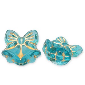 Acrylperle, Schleife mit Glocken, Teal Blue-Goldfarben, 15x15.5mm