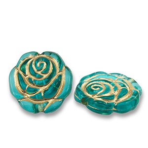 Acrylperlen, Rose, goldfarben verziert, Teal Blue - Goldfarben, 14mm