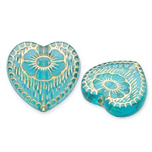Acrylperlen, Herzen, verziert, Teal Blue - Goldfarben, 16.5x18mm