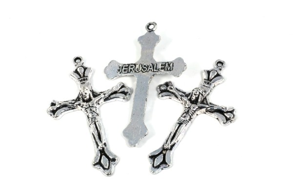 Anhänger, Kreuz, mit Korpus und Aufschrift Jersusalem, Antik Silberfarben, 41x25mm