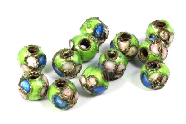Cloisonne Kugel, rund, Grün mit Muster, ca. 6mm