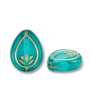Acrylperlen, Tropfen, verziert, Teal Blue-Goldfarben, 17.5x13.5mm