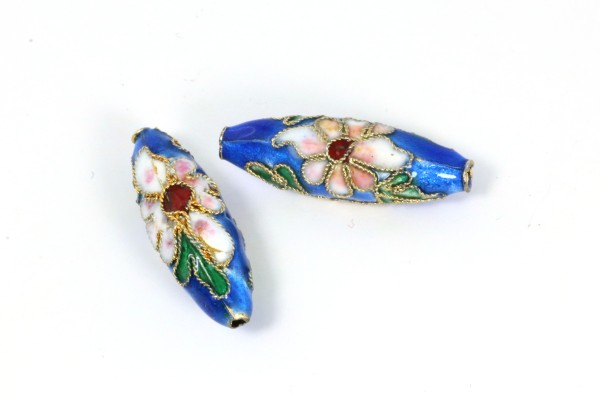 Cloisonneperlen, Oliven, Blau mit Muster, 27x9mm