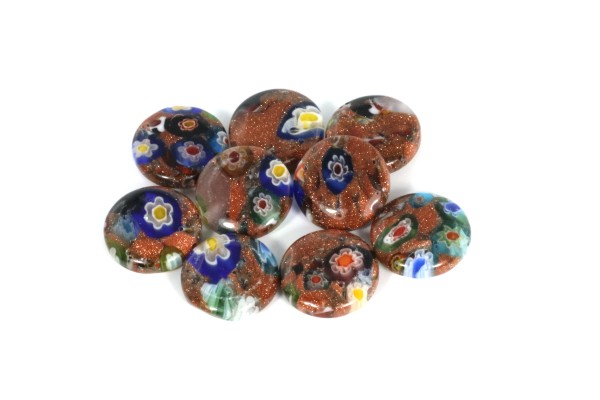 Millefiori Perlen, Taler, Bronzefarben mit buntem Blumenmuster, 12mm