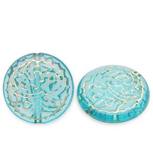 Acrylperlen, verziert, Teal Blue - Goldfarben, 18mm