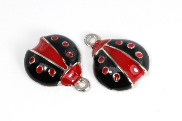 Anhänger, Marienkäfer mit Emaille, Schwarz-Rot, 18mm