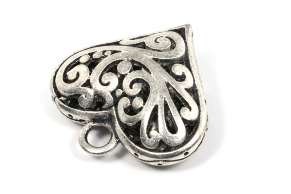 Anhänger, Herz mit Glöckchen, Antik, Silberfarben, 31x30x11mm