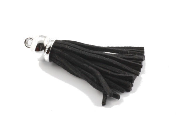 Quaste mit Kappe, Kunstlederband, Schwarz, 66x16mm