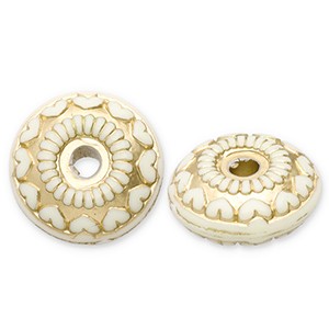 Acrylperlen, Rondell, Herzen verziert, Off White - Goldfarben, 18.5mm