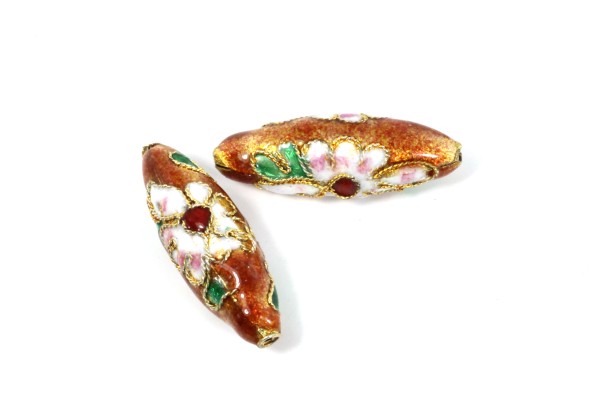 Cloisonneperlen, Oliven, Braun mit Muster, 27x9mm