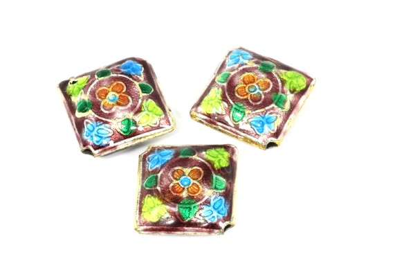 Cloisonneperlen, Quadrat, Lila mit Muster, diagonal gebohrt, 15x15x6mm