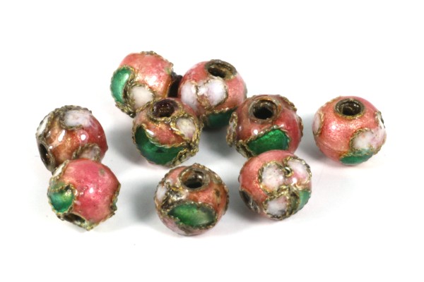 Cloisonne Perle, rund, Altrosa mit Muster, ca. 6mm