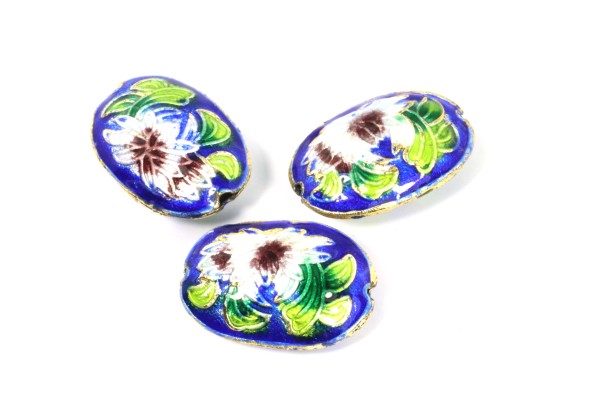 Cloisonneperlen, Oval, Blau mit Muster, 20x14x7mm