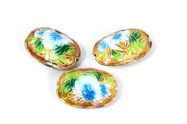 Cloisonneperlen, Oval, Hellbraun mit Muster, 20x14x7mm