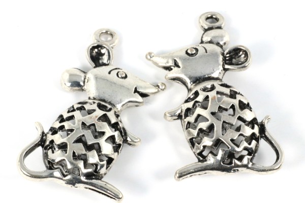 Anhänger, Maus, 3D, filigran, Antik Silberfarben, 34x18mm