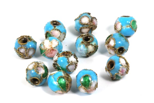 Cloisonne Kugel, rund, Türkis mit Muster, ca. 6mm