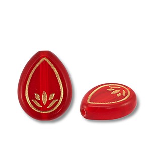 Acrylperlen, Tropfen, verziert, Rot - Goldfarben, 17.5x13.5mm