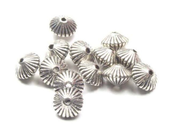 Metallperle, Doppelkegel, gerieft, versilbert, 8x5.5mm